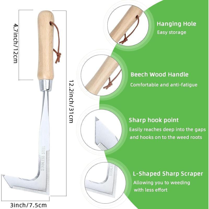 Stainless Steel Crack Weeder Tool - 12" Manual Weed Puller with Beech Wood Handle for Sidewalks, Driveways & Pavers - Garden Gap Cleaner for Narrow Crevices